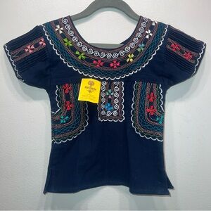 NWT Girls Traditional Mexican Blouse Top Short Sleeve Size 2T Black Floral